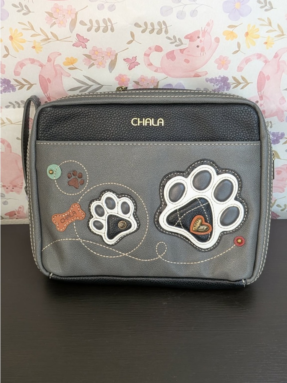 Chala Gray Paw Print Crossbody Purse. Vegan leather. New with tags.